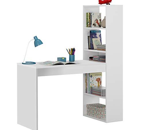Abitti Tavolo da PC o scrivania con libreria Reversibile in Bianco Alpi, 144 x 120 x 52 cm