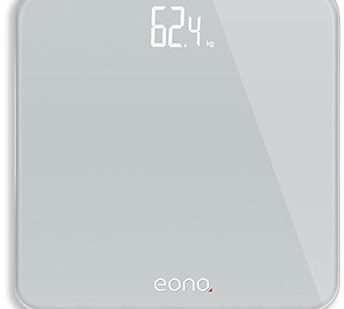 Amazon Brand - Eono Bilancia Pesapersone Digitale, Con Sensori Ad Alta Precisione e Vetro Temperato, Ultrasottile, Per il Bagno, Peso in stone/kg/libbre - Garanzia 15 anni,Argento