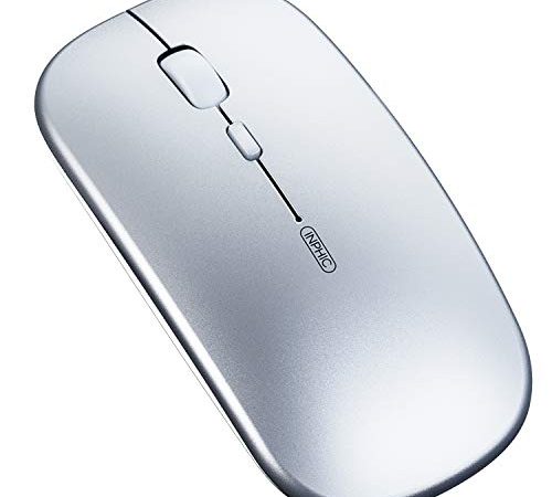 INPHIC Mouse Bluetooth, Mouse Wireless Ricaricabile Silenzioso a Tre modalità (BT 5.0/4.0 + 2.4G Wireless), Mouse Senza Fili da Viaggio Portatile 800/1200/1600 DPI per PC Laptop, MacBook, Argento