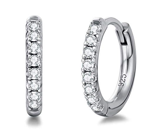 Orecchini a Cerchio Piccoli per Donna in Argento Sterling 925 Placcato Oro Bianco con Zirconia Cubica - Diametro: 13 mm