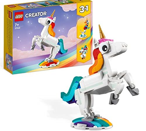 LEGO 31140 Creator Unicorno Magico con Arcobaleno, Set 3 in 1 con Animali Giocattolo Fantastici, Cavalluccio Marino e Pavone, Idea Regalo di Compleanno per Bambine e Bambini
