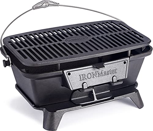 IronMaster Griglia Barbecue Carbonella in Ghisa Pre-stagionato, per Barbecue a Legna da Campeggio e da Giardino Tavolo, Superficie della griglia di Cottura 42 x 26cm per 4-6 Persone